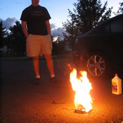 ... so they rest it on an old hard drive and burn the crap out of it in Tylerton's driveway.