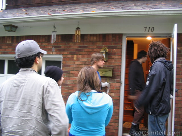 The gang arrives at Colin's house