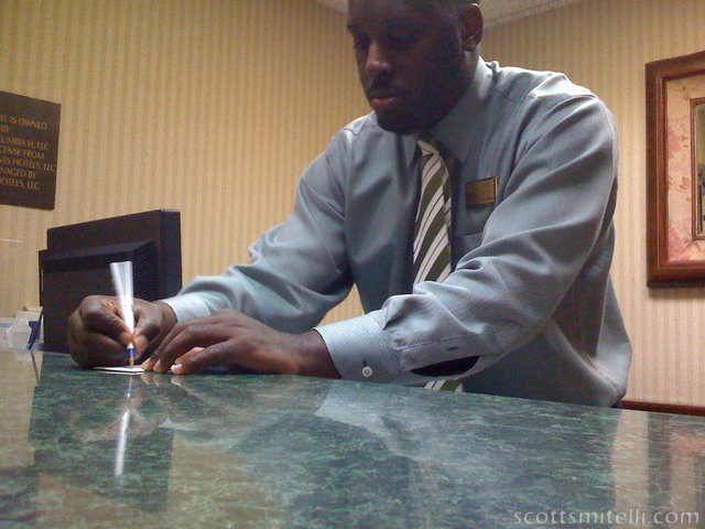 Columbia, MO hotel guy. (You can't see it, but he was playing WoW.)