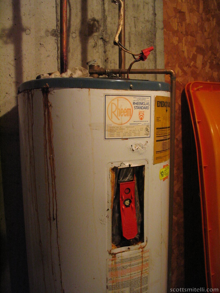 The water heater, freshly repaired.