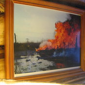 Why is there a framed picture of a forest fire hanging on the bedroom wall?