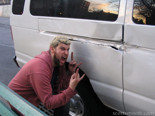 Adam shows off what he managed to do to the rental van.