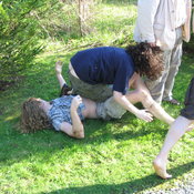 Dragging Nate to the pond 1